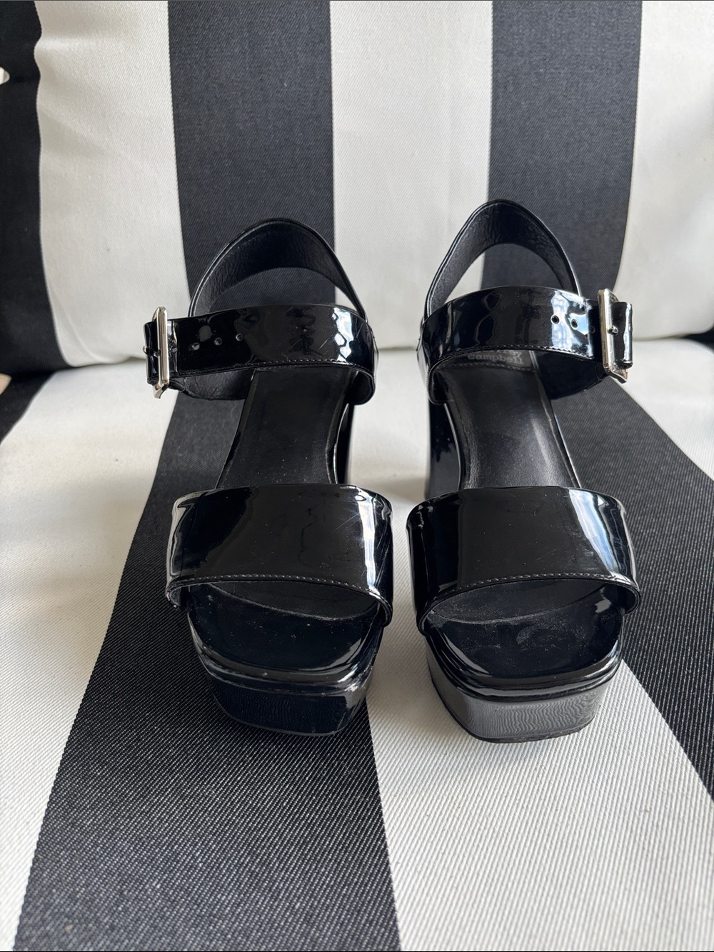 Jeffrey Campbell Black Patent Platform Sandals with Ankle Buckle